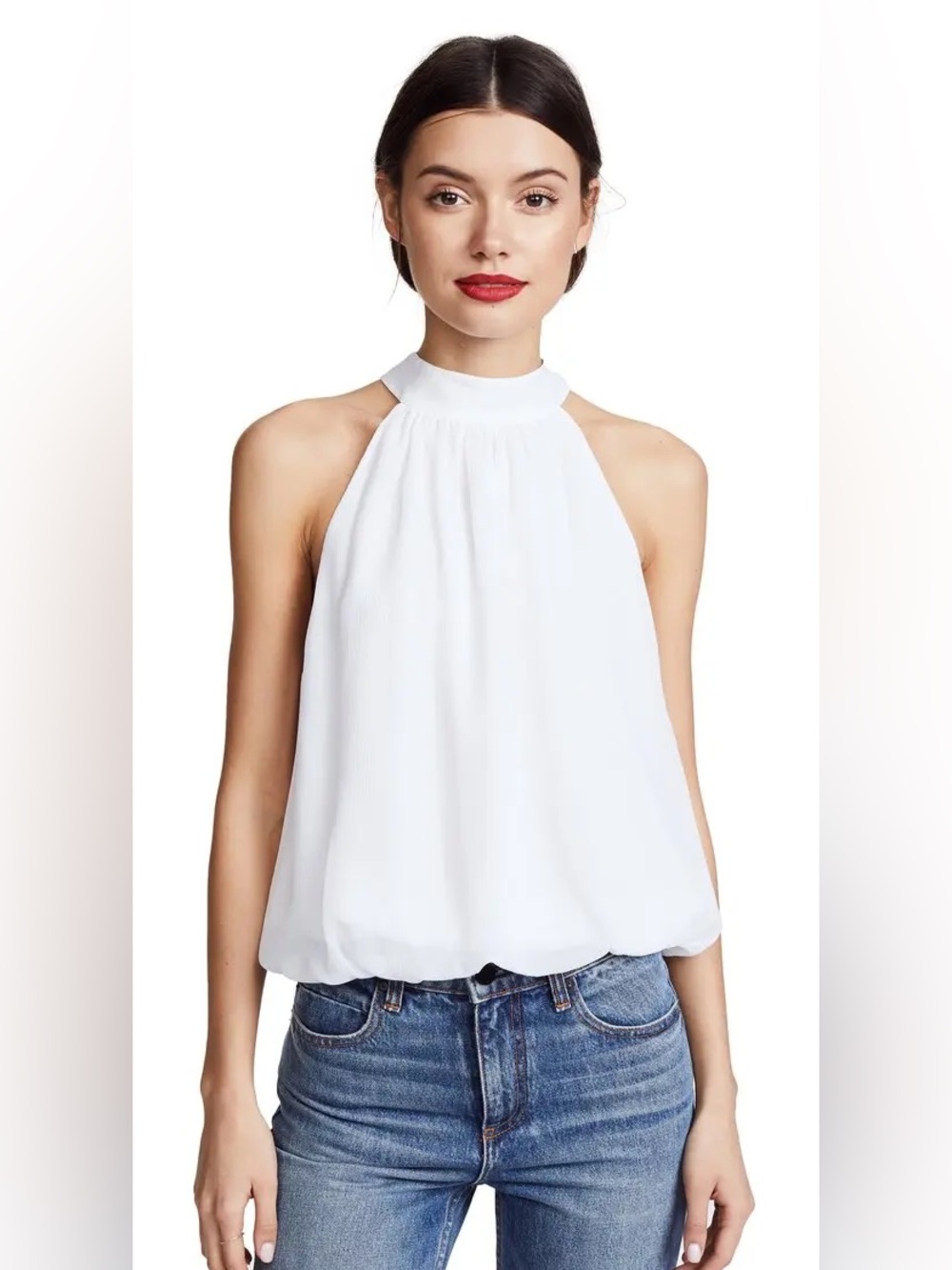 Alice + Olivia Maris White Gathered Halter Neck Top